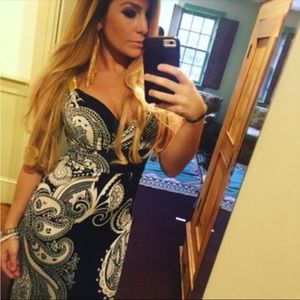 Black and white long formal dress with gold detail